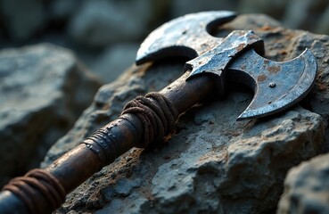 Vintage double-headed axe with battle scars, rust, resting on rocks. Wooden handle, bound with rope, shows wear. Sharp steel blades hint at past combat, evoking history, adventure. Medieval weapon,
