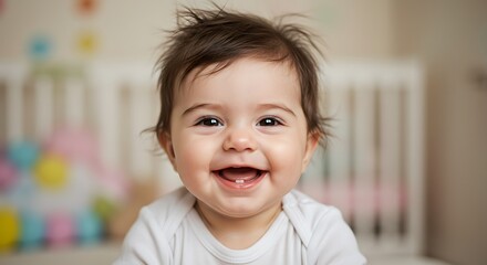 Adorable Baby with Messy Hair and Big Smile in a White Onesie