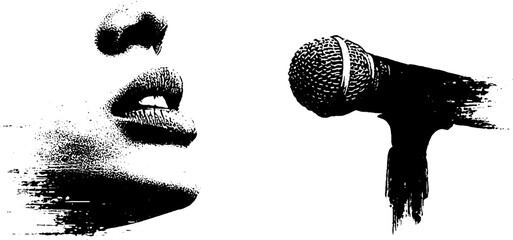 Black and white stencil art set featuring microphone and singing lips for music designs
