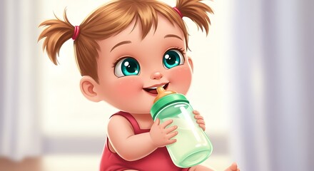 Adorable baby with pigtails happily drinking milk from a bottle