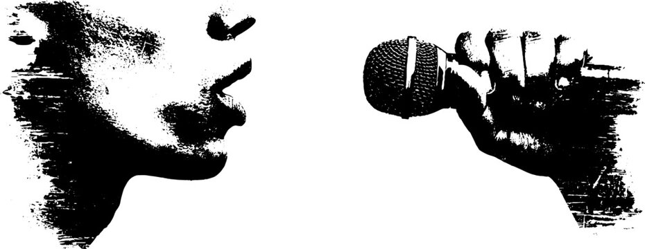 Black and white stencil set featuring beatboxing microphone and vocalist design for urban art