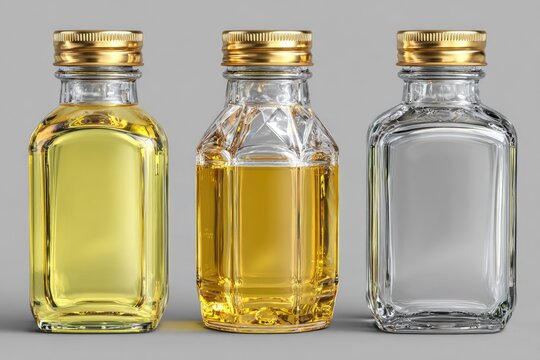 Three small, rectangular glass bottles with gold caps, one filled with yellow liquid, another with a similar yellow liquid, and a third empty