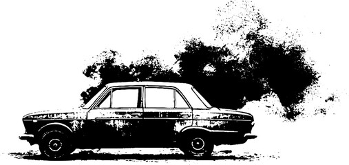 Black and white stencil art of vintage car with urban ink spatter effect