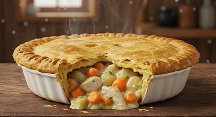 Golden Chicken Pot Pie with Crust on Rustic Table in Warm Kitchen