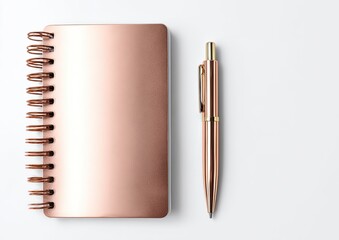 Rose gold notebook and pen on white background
