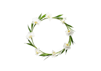 Circular wreath of white daffodils and green leaves isolated on transparent background