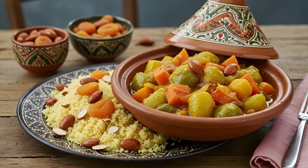 Golden Couscous with Colorful Stewed Vegetables and Almonds in Clay Tagine Pot on Rustic Wooden Table