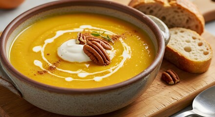 Golden Creamy Soup with Pecans and Bread on Wooden Board