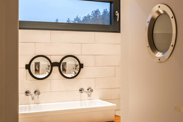 Modern bathroom interior in minimal scandinavian style, 3d render