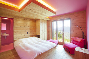Modern luxury bedroom interior in minimal scandinavian style, 3d render