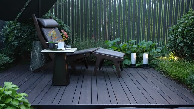 A serene outdoor wooden deck patio with lounge chair surrounded by greenery and bamboo forest at night