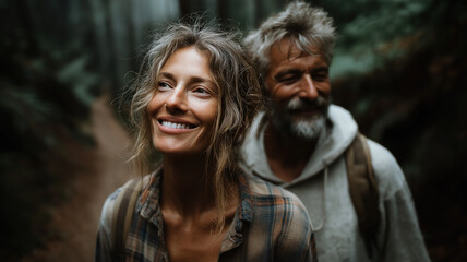 happy Couple hiking a mountain trail