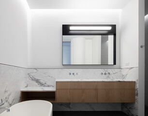 Modern bathroom interior in minimal scandinavian style, 3d render
