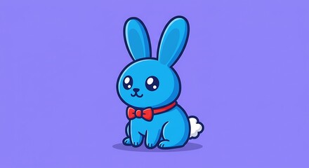 Adorable blue cartoon bunny with red bowtie sitting on purple background