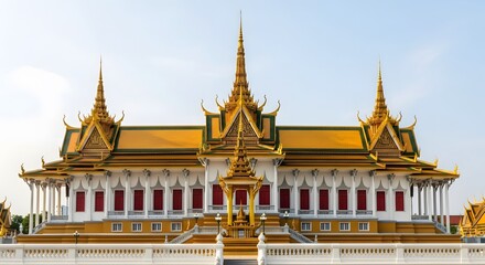 Fototapeta premium Magnificent Golden Roofs and Ornate Spires of the Royal Palace, a Cambodian Architectural Gem Under a Clear Sky