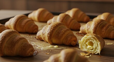 Golden Croissants on Baking Sheet Freshly Baked Pastries Close Up