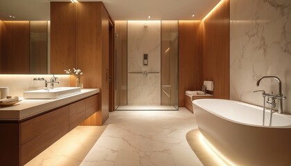Elegant minimalist hotel bathroom featuring natural wood details, marble flooring, modern fixtures. Freestanding bathtub sits beside glass-enclosed shower. Integrated lighting creates serene,