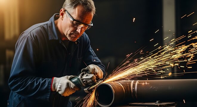 man grinding metal pipe with sparks in workshop