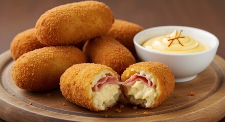Golden Fried Appetizers with Sauce on Wooden Board