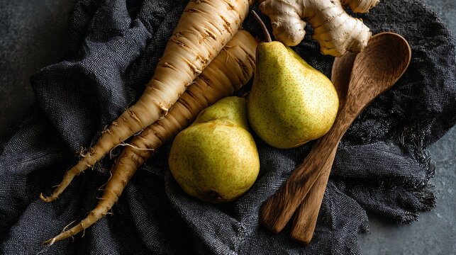Flat lay of fall pears and parsnips on a charcoal linen cloth, minimalist wood utensils nearby