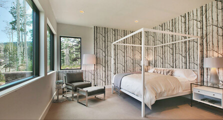 Modern luxury bedroom interior in minimal scandinavian style, 3d render
