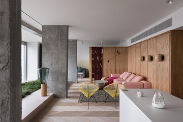 Modern luxury apartment interior in minimal scandinavian style, 3d rendering