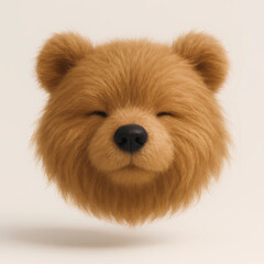 Cute 3D plush brown bear head with fluffy fur and smiling closed eyes, adorable animal render for children&rsquo;s toys, design and art projects.