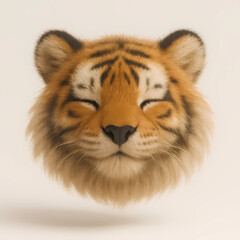 Cute 3D plush tiger head with soft fur and smiling closed eyes, adorable animal render perfect for toys, kids design, and digital art.