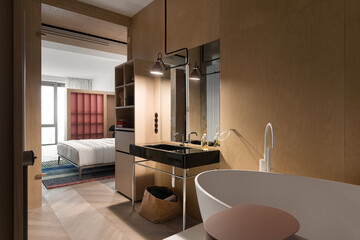 Modern bathroom interior in minimal scandinavian style, 3d render