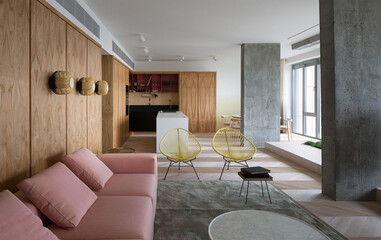 Modern luxury apartment interior in minimal scandinavian style, 3d rendering