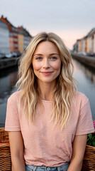 Woman enjoying a serene evening by a canal with colorful buildings in the background