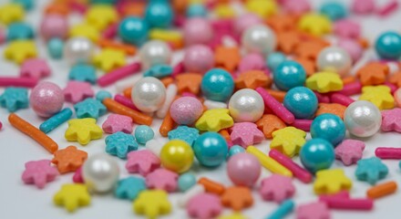 カラフルなデコレーション用スプリンクルが散らばる様子。