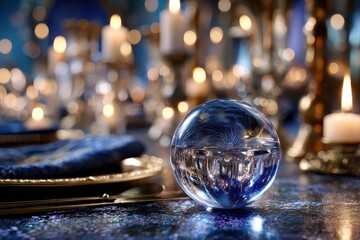 Crystal Ball on Elegant Table with Candles and Bokeh Background