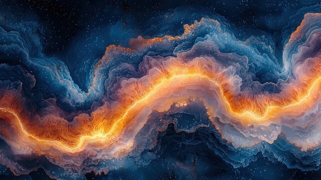 Vibrant cosmic swirl with iery orange accents agains a deep blue backdrop, evoing a sense of wonder and xploration in a stunning astract design.