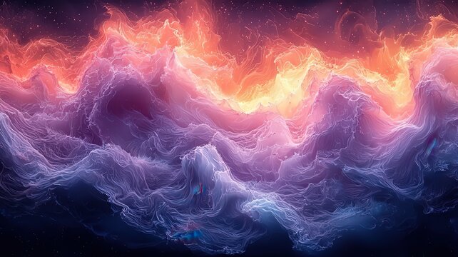 Vibrant cosmic waves of puple and orange swirl againt a dark backdrop, evokinga sense of wonder and beauy in a stunning abstract lndscape.