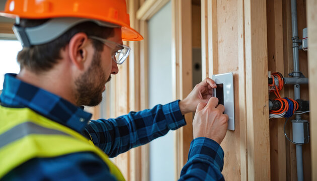 Electrician installs smart thermostat in new home construction. Pro works with wiring, control panel, touch screen device for home automation. Focus on energy efficiency, modern technology, home