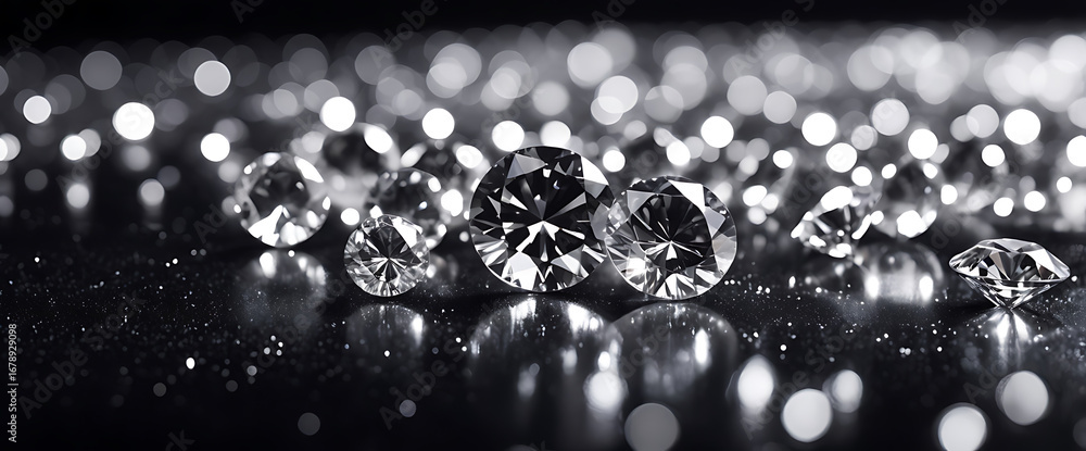 Poster sparkling diamonds reflecting light on a dark wet surface with bokeh background