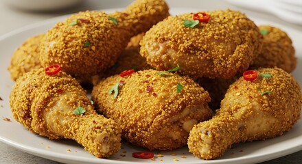 Golden Fried Chicken on Plate with Red Pepper and Parsley