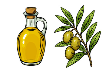 Olive oil bottle and branch sketch in Mediterranean style
