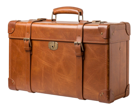 Angled Side View of Antique Leather Suitcase Showing Handle and Lock, Isolated on Transparent Background