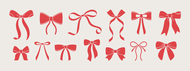 Hand-Drawn Red Bows and Ribbons Vector Set – Elegant Minimalist Sketch, Vintage Illustration for Holiday Posters, Greeting Cards, Wedding Invitations, Branding, Logos