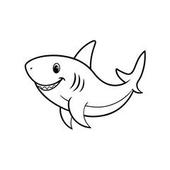 Fototapeta premium Happy Cartoon Shark, Line Art Illustration, Childrens Book, Ocean Animal, Friendly Design, Black and White.