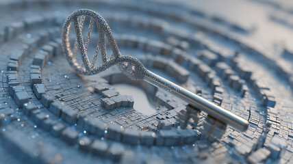 Digital DNA strand on circuit board represents technological advancement in genetics.