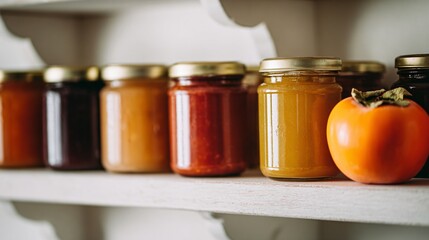 Minimal open shelving with small jars of seasonal preserves and one persimmon