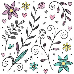 Seamless Hand-Drawn Floral Doodle Background &ndash; Leaf Pattern Vector Decorative Floral Doodle Pattern &ndash; Botanical Line Art with Flowers