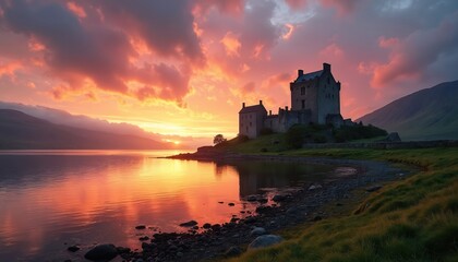 Majestic Scottish castle by calm lake at sunrise. Vibrant orange pink sky reflects on water. Ancient stone architecture sits on grassy hill with mountains in background. Fairytale landscape offers