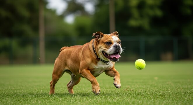 Dynamic capture of an english bulldog chasing a tennis ball across green grass with blurred trees