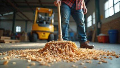 Carpenter sweeps wood shavings across workshop floor with broom. Diligent handiwork in industrial setting with forklift. Focus on cleanliness, order, and precision.