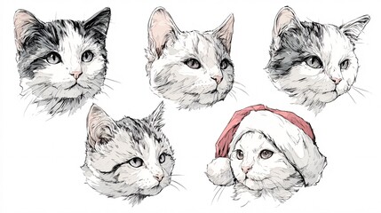 Cheerful Cats Dressed in Christmas Hats Ready for the Holiday Season