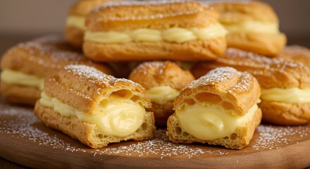 Golden Pastries with Cream Filling and Powdered Sugar on Wooden Board